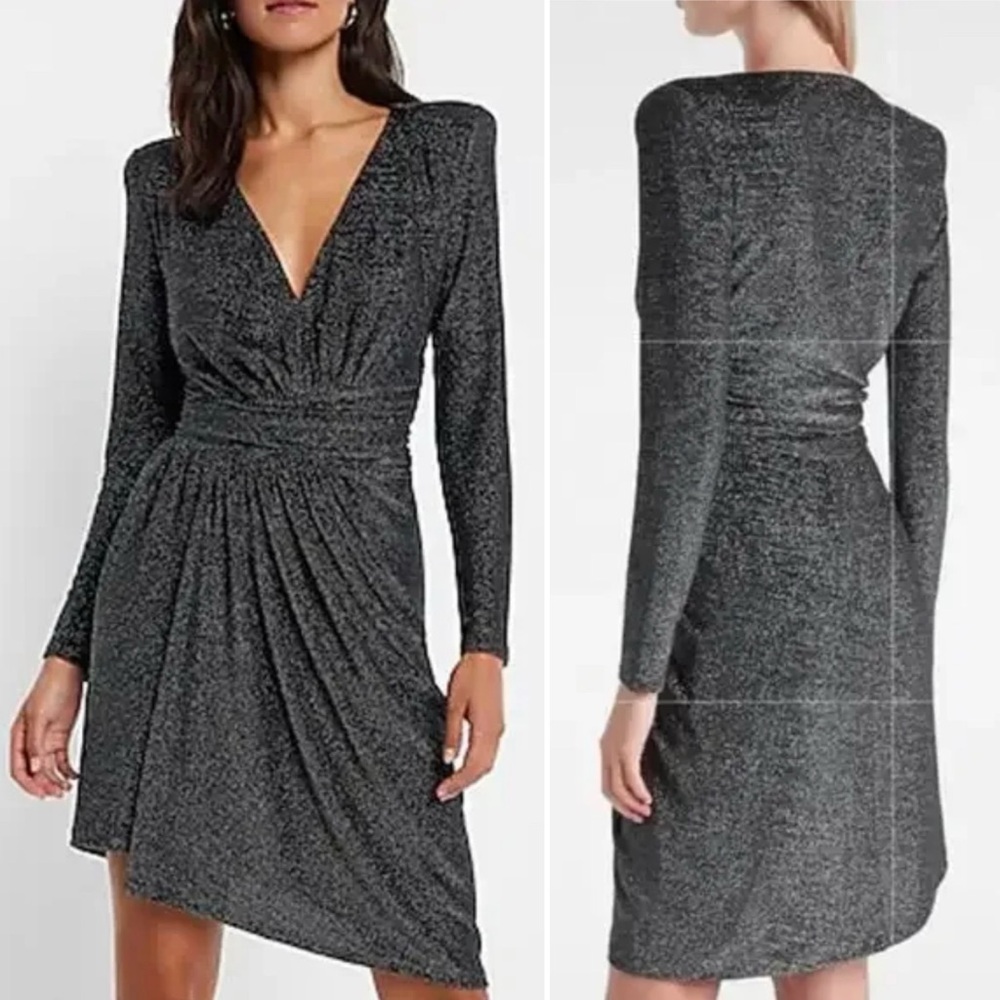 Express Metallic‎ Draped V-Neck Strong Shoulder Asymmetrical Mini Dress Sz Small